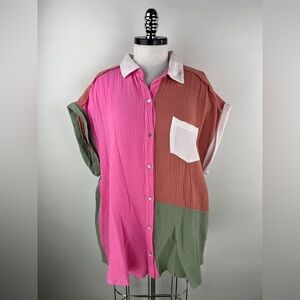 💚 3115. Gauze Rolled Cuff Button Front Top